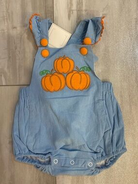 NWT Lil Cactus Blue Pumpkin Appliqué Crisscross Back Bubble Romper girls 3-6M